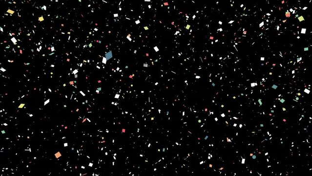 Animation of multicolored falling confetti against black background