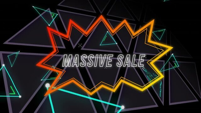 Animation of massive sale text in speech bubble over triangles against black background