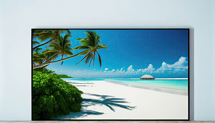 palm trees on the beach in front of a blue sky with white sand and turquoise waters, maldives islands, south pacific