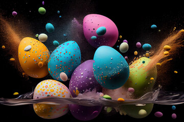 colorful easter eggs in the air with splashing orange, pink, blue and yellow on black background for an advertisement