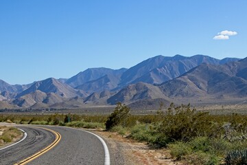 Rugged mountains rise above the desert valleys of Anza-Borrego Desert State Park in San Diego, California