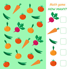 Educational math game for kids. Count how many objects are in the picture. Illustration with vegetables.