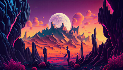 an alien landscape with mountains and planets in the distance, as if you want to see it on your wallpaper