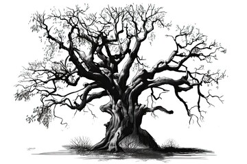 Illustration of a large, old dead tree in shadow on a white background. Generative AI