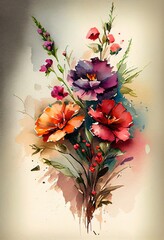Watercolor floral. Bouquet of flowers watercolors. bouquet of flowers painted with acrylic paint. Poster with flowers. Postcard and cover card made of multicolored watercolor paints. ai generative