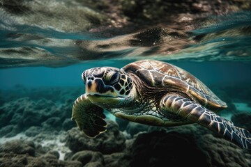 Fototapeta na wymiar The sea turtle swims in the ocean. Closeup of a large green sea turtle. tropical coral reef wildlife. Tortoise in the ocean. tropical marine ecosystem. Blue water with a large turtle. Photo of an unde