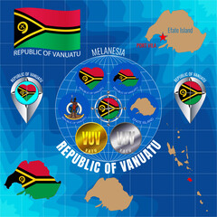 Set of vector illustrations of flag, outline map, Vanuatu icons. Travel concept.
