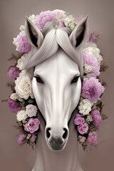 Horse with floral decorations on its head. Postcard. generative AI