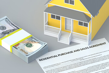 Residential purchase agreement. Real estate buying and selling concept. Building investment. 3d render