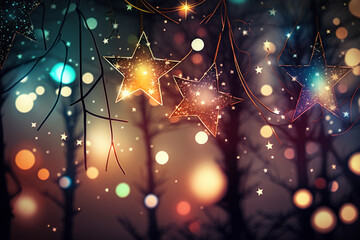 クリスマスライト - 抽象的なデフォーカスの背景でモミの枝にぶら下がっている星の文字列AI