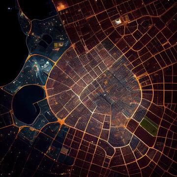 An Aerial View Of The City At Night, With Lights Shining On Buildings And Streets In The Image Is Taken From Above