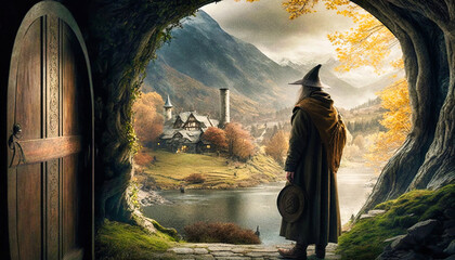 A magician facing a beautiful fantasy landmark with a peak and a lake - generative ai