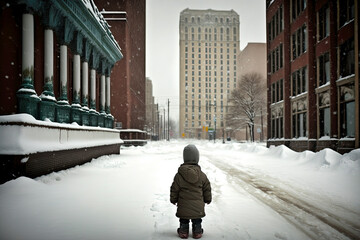 Obraz premium A lonely child facing a big American city, winter and snow - generative ai