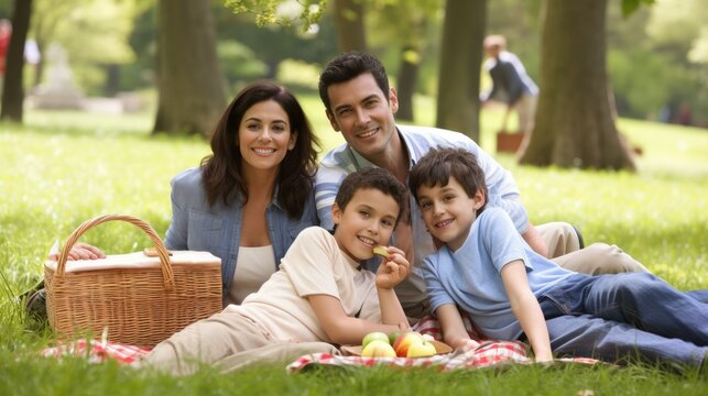 Happy family having picnic in the park on a sunny day. Generative AI illustration.