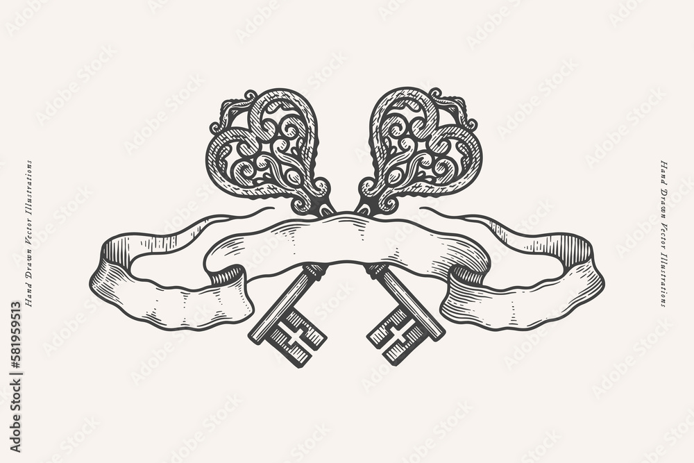 Poster Crossed keys and ribbon in engraved style. Vintage keys with Victorian swirls and retro banner on a white isolated background. Vintage illustration for postcard design, book or tattoo template.