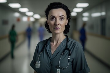 Woman doctor posing in hospital looking at camera. Generative AI