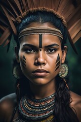 Beautiful woman from Amazon tribal. Vertical portrait. Generative AI vertical