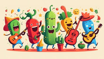 Obraz na płótnie Canvas Colorful flat design illustration of funny Mexican characters during celebration. Generative AI