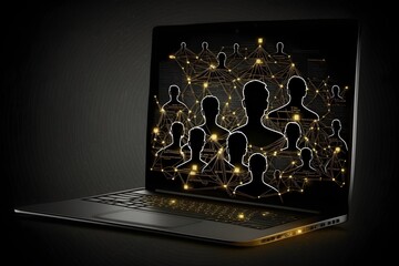 Wallpaper Illustration and background of a laptop, displaying a personal data flow, with people connections. Front view. Concept of LGPD, GDPR, information security, data protection. Generative AI.