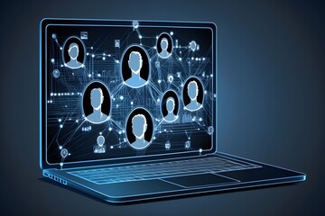 Wallpaper Illustration and background of a laptop, displaying a personal data flow, with people connections. Front view. Concept of LGPD, GDPR, information security, data protection. Generative AI.