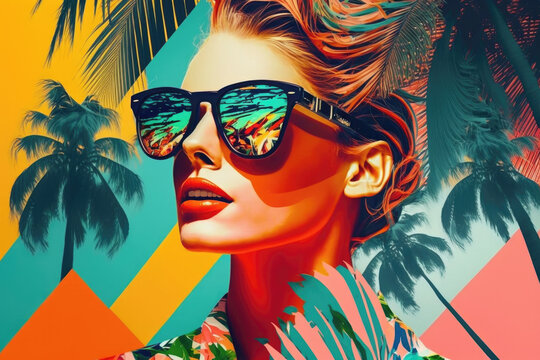 Summer travel collage. 60s style fashion blonde woman wearing trendy sunglasses. Generative AI