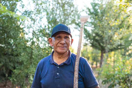 Close up portrait of an elderly indigenous latin farmer man holding a garden scraper.