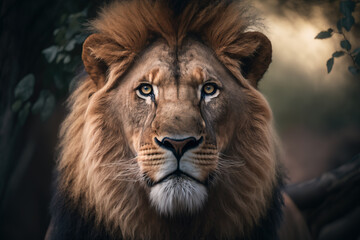 Generative AI. Portrait of a male lion with dark mane, closeup.