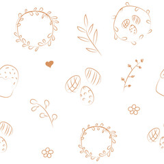 Vector illustration. Color cute hand drawn seamless pattern. Festive background with Easter doodle linear symbols. Design of postcards, banners, textiles, wallpapers and other promotional products.