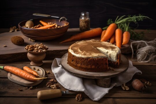 Homemade carrot cake and ingredients on a wooden table. Generative AI