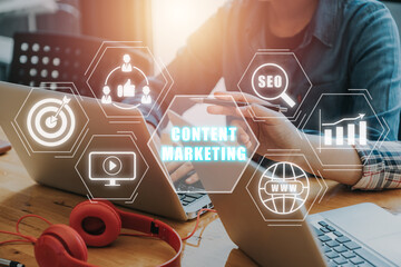 Content Marketing concept, Business team using laptop computer with content marketing icon on...