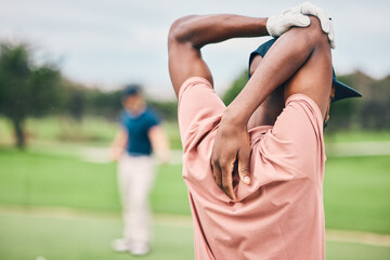 Golf, sports and black man stretching arms on course for game, practice and training for...