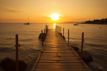 Fototapeta na wymiar On the wooden pier, the setting sun is golden. Mallorca, Spain. Generative AI