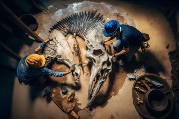 Foto op Plexiglas Archaeologist works on an archaeological site with dinosaur skeleton in wall stone fossil tyrannosaurus excavations. Neural network AI generated art © mehaniq41