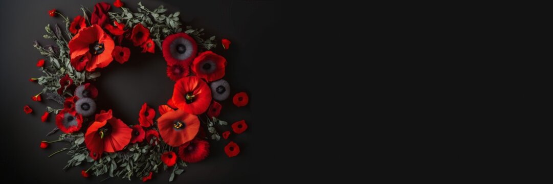 Anzac Day memorial celebrations. Remembrance day banner. Red poppy wreath. "Lest we forget." Copy space. AI image