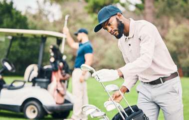 Golf, club and black man choose on course with golfing bag ready to start game, practice and...