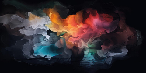 Watercolor texture on black paper, lush, beautiful, overflowing rainbow colours, generative AI.