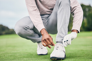 Sports, laces and shoes of man on golf course for training, games and tournament match. Ready,...