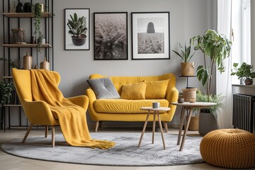 Yellow armchair on rug near plant in open space interior with posters above grey couch. Real photo with blurred background. Generative AI