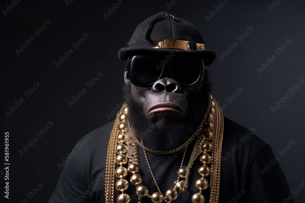 Wall mural cool monkey gorilla gangsta rapper in sunglasses. generated sketch art. generative ai