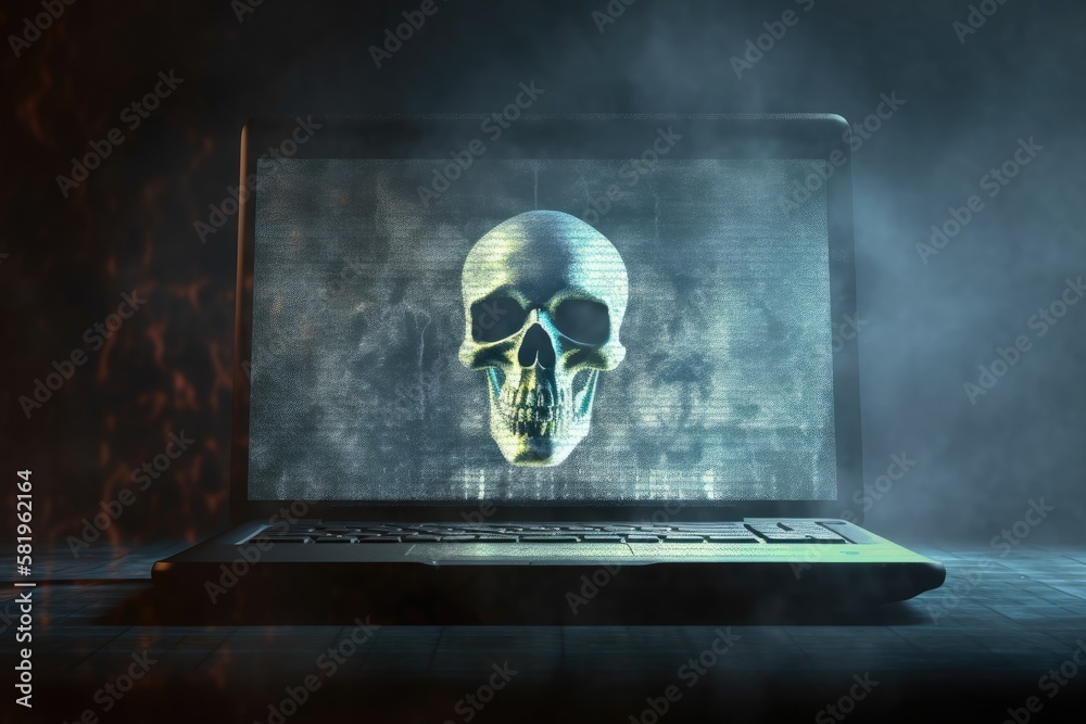 Wall mural on a grungy background with hazy lights, close up of a laptop screen with an abstract digital skull.