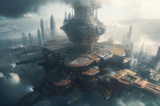 futuristic fog city, sci fi ship. view from above. Idea of the future. Generative AI