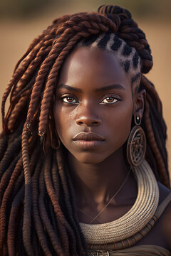 Generative AI. Illustration of an african women tribe himba in african plains