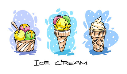 Ice-cream. Set of different flavours and types. In a paper cup, waffle cone, vanilla or with fruity flavour. Hand drawn sketch. Isolated white background. Vector illustration