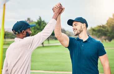 Man, friends and high five on golf course for sports, partnership or trust on grass field together....