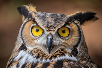Focus is on the feathers around the eyes in this close up photograph of a great horned owl, with the rest of the frame being slightly out of focus. Generative AI