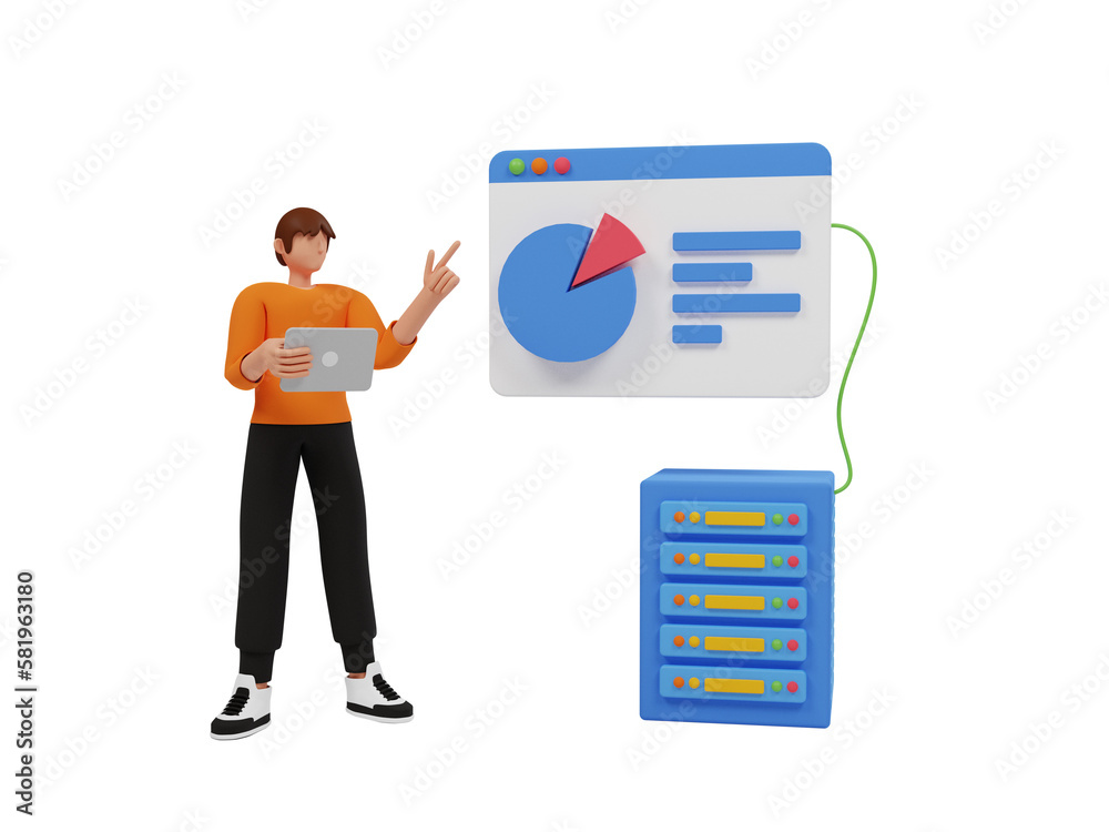 Poster character people working with data visualization. man analyzing tables, graphs and graphs on busines