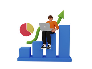 Startup managers presenting and analyzing sales growth chart. For business success, marketing, profit concepts. 3d illustration, 3d rendering, 3D Cartoon Character