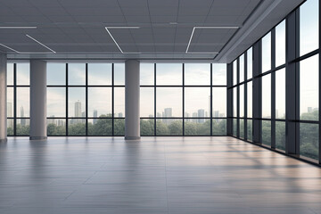 New empty office space. Unfurnished interior space. Open space. City landscape. Generative AI
