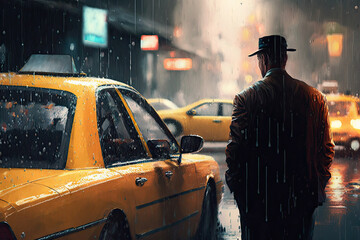 A man catches a taxi car in the rain. Night cityscape. Generative AI