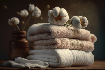 Towels stack. Pile of fluffy colorful towels with cotton flowers. Bathroom spa textile. Generative AI